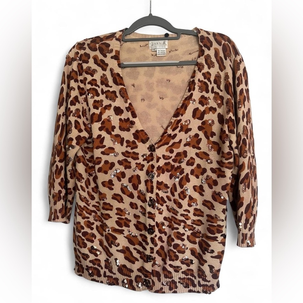 Just B Leopard Print Brown button up Cardigan with sequins